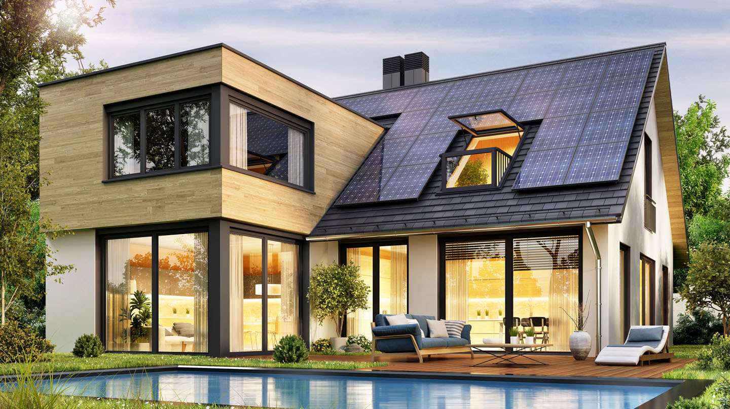 MBS Gebäudetechnik PV, Solar - Haus von außen mit Pool